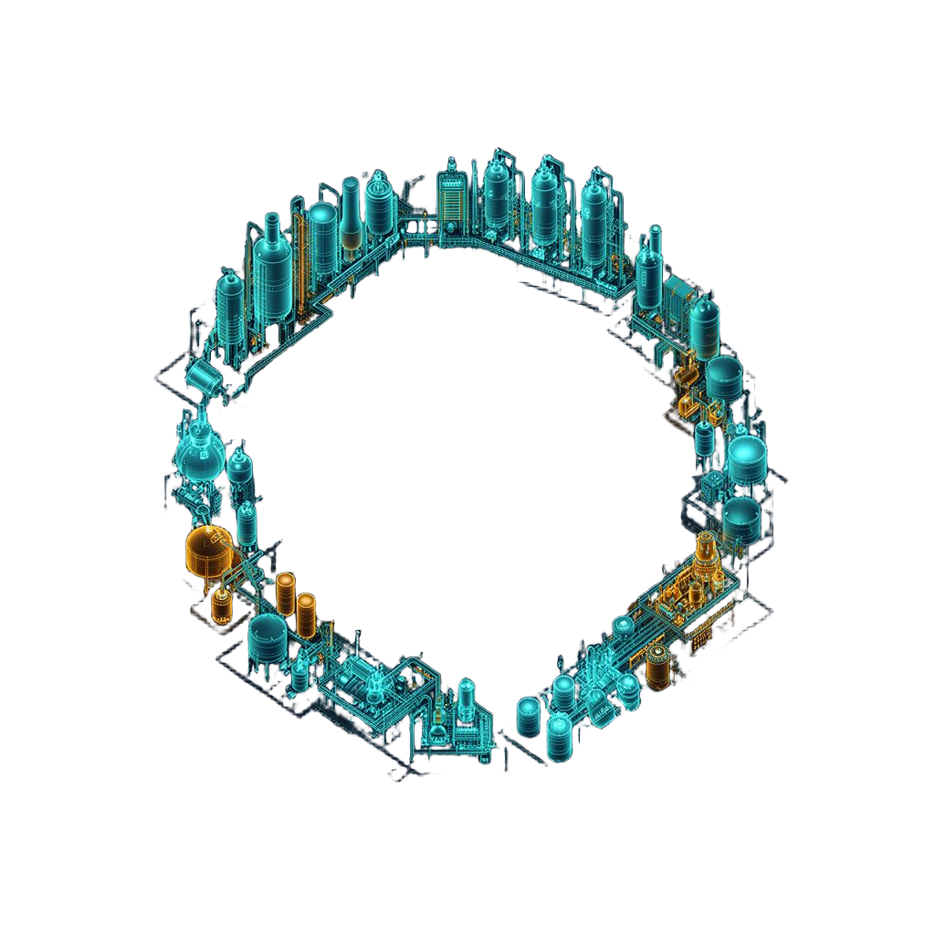 Circular factory production line with reactors and equipment